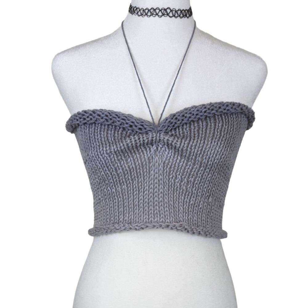 Handmade Gray  Halter Fringe Open Adjustable Back Knit Summer Top S/M